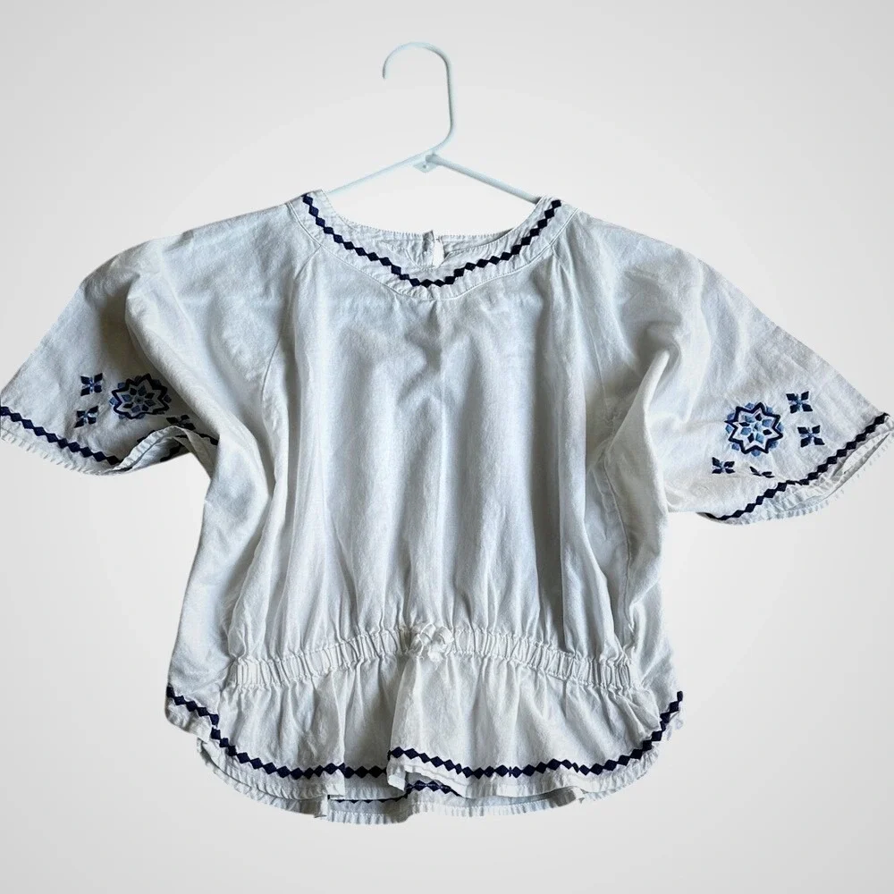 Gymboree Kids White Blue Embroidered Cotton‎ Blouse Top Size 6 Nordic Festive